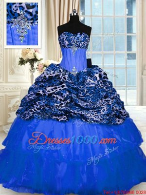Blue Organza and Printed Lace Up Sweet 16 Dresses Sleeveless Floor Length Beading and Sequins