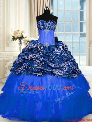 Blue Organza and Printed Lace Up Sweet 16 Dresses Sleeveless Floor Length Beading and Sequins