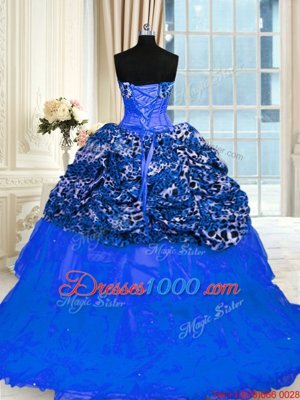 Blue Organza and Printed Lace Up Sweet 16 Dresses Sleeveless Floor Length Beading and Sequins