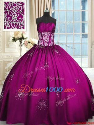 Simple Strapless Sleeveless Lace Up Ball Gown Prom Dress Fuchsia Taffeta
