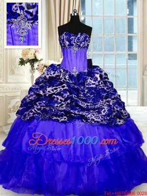 Wonderful Printed Royal Blue Lace Up Quinceanera Gowns Beading and Ruffled Layers and Sequins Sleeveless Sweep Train