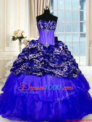 Wonderful Printed Royal Blue Lace Up Quinceanera Gowns Beading and Ruffled Layers and Sequins Sleeveless Sweep Train