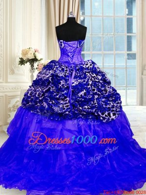 Wonderful Printed Royal Blue Lace Up Quinceanera Gowns Beading and Ruffled Layers and Sequins Sleeveless Sweep Train