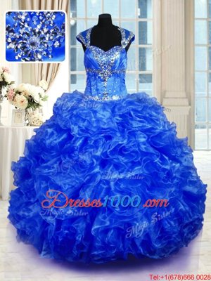 Chic Royal Blue Lace Up Straps Beading and Ruffles Quince Ball Gowns Organza Cap Sleeves