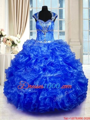 Chic Royal Blue Lace Up Straps Beading and Ruffles Quince Ball Gowns Organza Cap Sleeves