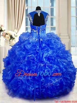 Chic Royal Blue Lace Up Straps Beading and Ruffles Quince Ball Gowns Organza Cap Sleeves