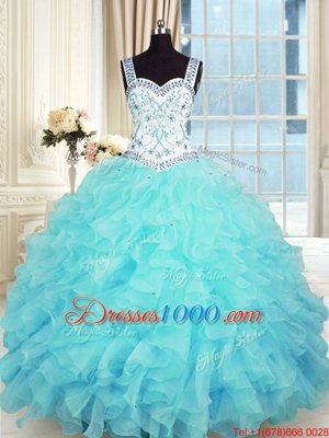 Flare Floor Length Ball Gowns Sleeveless Aqua Blue 15th Birthday Dress Lace Up