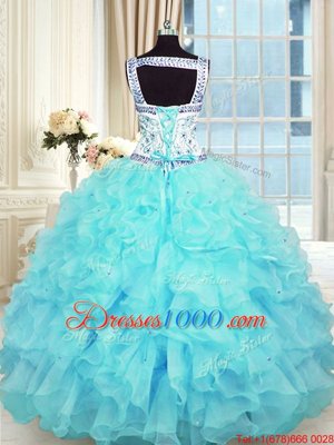 Flare Floor Length Ball Gowns Sleeveless Aqua Blue 15th Birthday Dress Lace Up