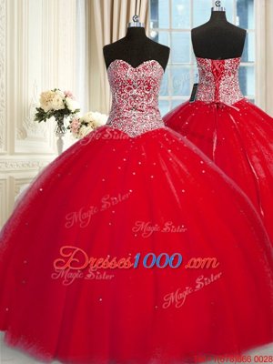Free and Easy Halter Top Sleeveless Ball Gown Prom Dress Beading and Sequins Red Tulle