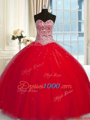 Free and Easy Halter Top Sleeveless Ball Gown Prom Dress Beading and Sequins Red Tulle