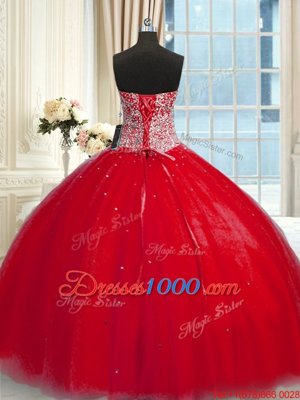 Free and Easy Halter Top Sleeveless Ball Gown Prom Dress Beading and Sequins Red Tulle