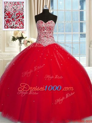 Free and Easy Halter Top Sleeveless Ball Gown Prom Dress Beading and Sequins Red Tulle