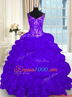 Pick Ups Purple Sleeveless Organza Brush Train Lace Up Quinceanera Dress for Military Ball and Sweet 16 and Quinceanera