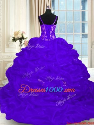 Pick Ups Purple Sleeveless Organza Brush Train Lace Up Quinceanera Dress for Military Ball and Sweet 16 and Quinceanera