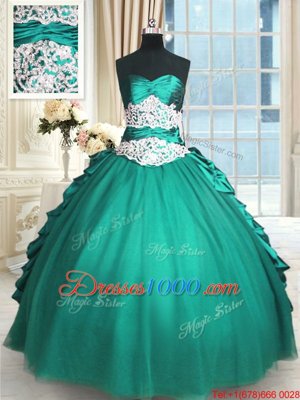 New Style Turquoise Sleeveless Floor Length Beading and Lace and Appliques and Ruching Lace Up Sweet 16 Quinceanera Dress