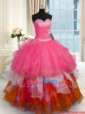 Multi-color Sleeveless Floor Length Beading and Ruffles Lace Up Ball Gown Prom Dress