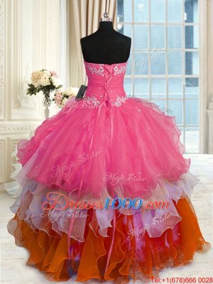 Multi-color Sleeveless Floor Length Beading and Ruffles Lace Up Ball Gown Prom Dress