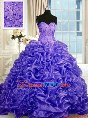 Sleeveless Sweep Train Beading and Pick Ups Lace Up Quince Ball Gowns