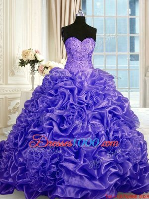 Sleeveless Sweep Train Beading and Pick Ups Lace Up Quince Ball Gowns