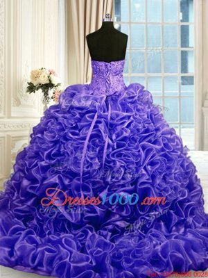 Sleeveless Sweep Train Beading and Pick Ups Lace Up Quince Ball Gowns