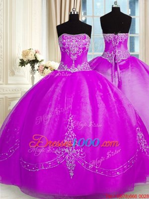Purple Organza Lace Up Quinceanera Gown Sleeveless Floor Length Beading and Embroidery