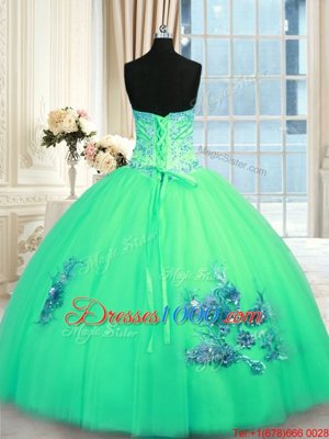Floor Length Ball Gowns Sleeveless Turquoise Quince Ball Gowns Lace Up