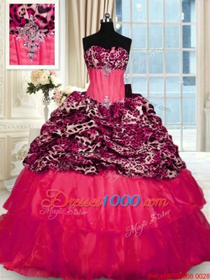 Suitable Printed Red Sleeveless Beading and Ruffled Layers Lace Up Quinceanera Gowns