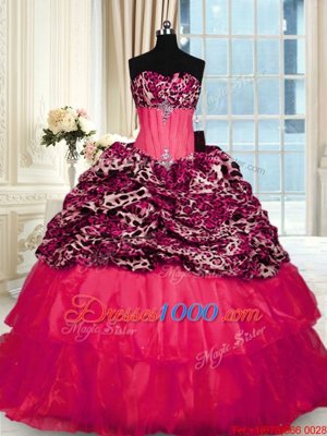 Suitable Printed Red Sleeveless Beading and Ruffled Layers Lace Up Quinceanera Gowns