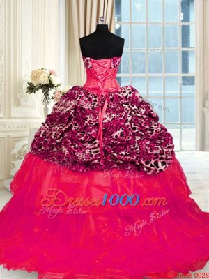 Suitable Printed Red Sleeveless Beading and Ruffled Layers Lace Up Quinceanera Gowns