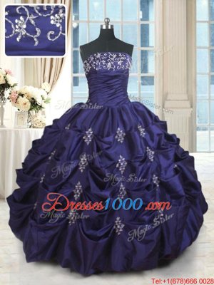 Dramatic Floor Length Lace Up Sweet 16 Quinceanera Dress Dark Purple and In for Military Ball and Sweet 16 and Quinceanera with Beading and Appliques and Embroidery and Pick Ups