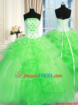 Sleeveless Floor Length Pick Ups and Hand Made Flower Lace Up 15 Quinceanera Dress