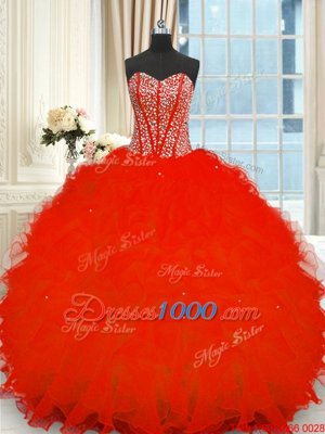 Floor Length Ball Gowns Sleeveless Red Sweet 16 Dress Lace Up