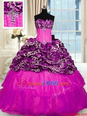 Organza and Printed Sleeveless 15th Birthday Dress Sweep Train and Beading and Ruffled Layers and Sequins