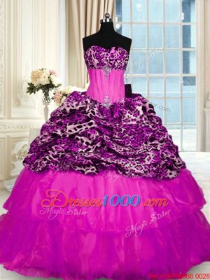 Organza and Printed Sleeveless 15th Birthday Dress Sweep Train and Beading and Ruffled Layers and Sequins