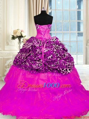 Organza and Printed Sleeveless 15th Birthday Dress Sweep Train and Beading and Ruffled Layers and Sequins