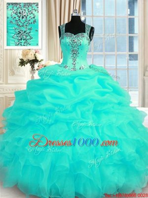 Straps Sleeveless 15 Quinceanera Dress Floor Length Beading and Ruffles Turquoise Organza