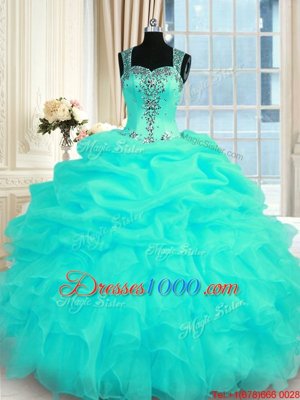 Straps Sleeveless 15 Quinceanera Dress Floor Length Beading and Ruffles Turquoise Organza