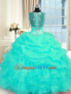 Straps Sleeveless 15 Quinceanera Dress Floor Length Beading and Ruffles Turquoise Organza
