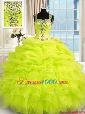 Yellow Green Zipper 15 Quinceanera Dress Beading and Ruffles Sleeveless Floor Length