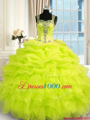 Yellow Green Zipper 15 Quinceanera Dress Beading and Ruffles Sleeveless Floor Length