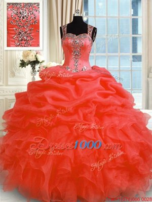 Floor Length Zipper Sweet 16 Dress Red and In for Military Ball and Sweet 16 and Quinceanera with Beading and Ruffles