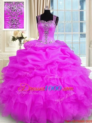 Artistic Floor Length Zipper Quince Ball Gowns Fuchsia and In for Military Ball and Sweet 16 and Quinceanera with Beading and Ruffles