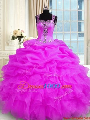 Artistic Floor Length Zipper Quince Ball Gowns Fuchsia and In for Military Ball and Sweet 16 and Quinceanera with Beading and Ruffles