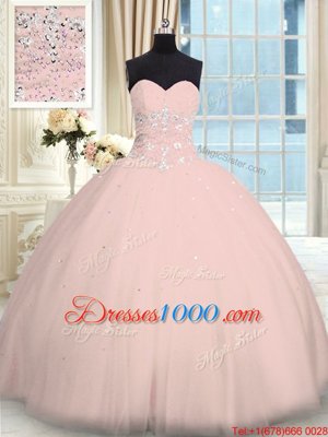 Pink Ball Gowns Beading Quinceanera Dress Lace Up Tulle Sleeveless Floor Length