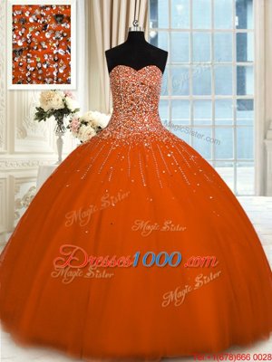 Popular Floor Length Lace Up 15 Quinceanera Dress Rust Red and In for Military Ball and Sweet 16 and Quinceanera with Beading