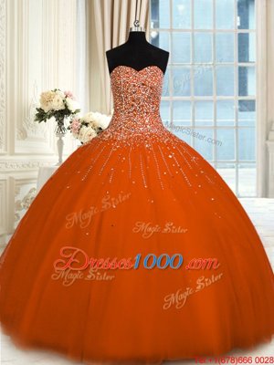 Popular Floor Length Lace Up 15 Quinceanera Dress Rust Red and In for Military Ball and Sweet 16 and Quinceanera with Beading