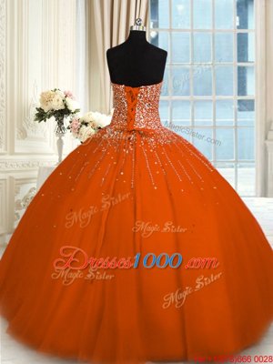 Popular Floor Length Lace Up 15 Quinceanera Dress Rust Red and In for Military Ball and Sweet 16 and Quinceanera with Beading