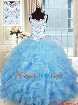 Sexy Baby Blue Ball Gowns Beading and Appliques and Ruffles Vestidos de Quinceanera Lace Up Organza Sleeveless Floor Length