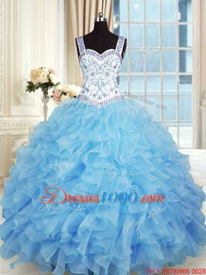 Sexy Baby Blue Ball Gowns Beading and Appliques and Ruffles Vestidos de Quinceanera Lace Up Organza Sleeveless Floor Length