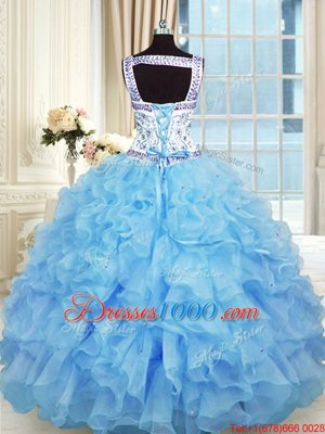 Sexy Baby Blue Ball Gowns Beading and Appliques and Ruffles Vestidos de Quinceanera Lace Up Organza Sleeveless Floor Length